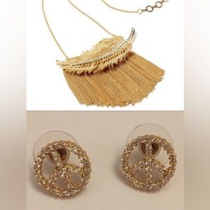 Amrita Singh Jewelry Set: Gold Feather Necklace & Peace Sign Earrings